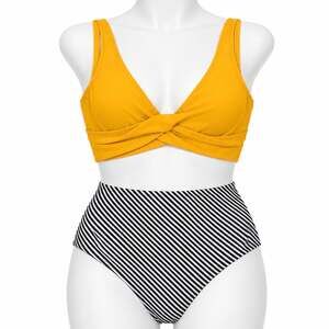 Cupshe Women Two Piece Swimsuit XS Yellow Twist Front Lace Up High Waisted NWT